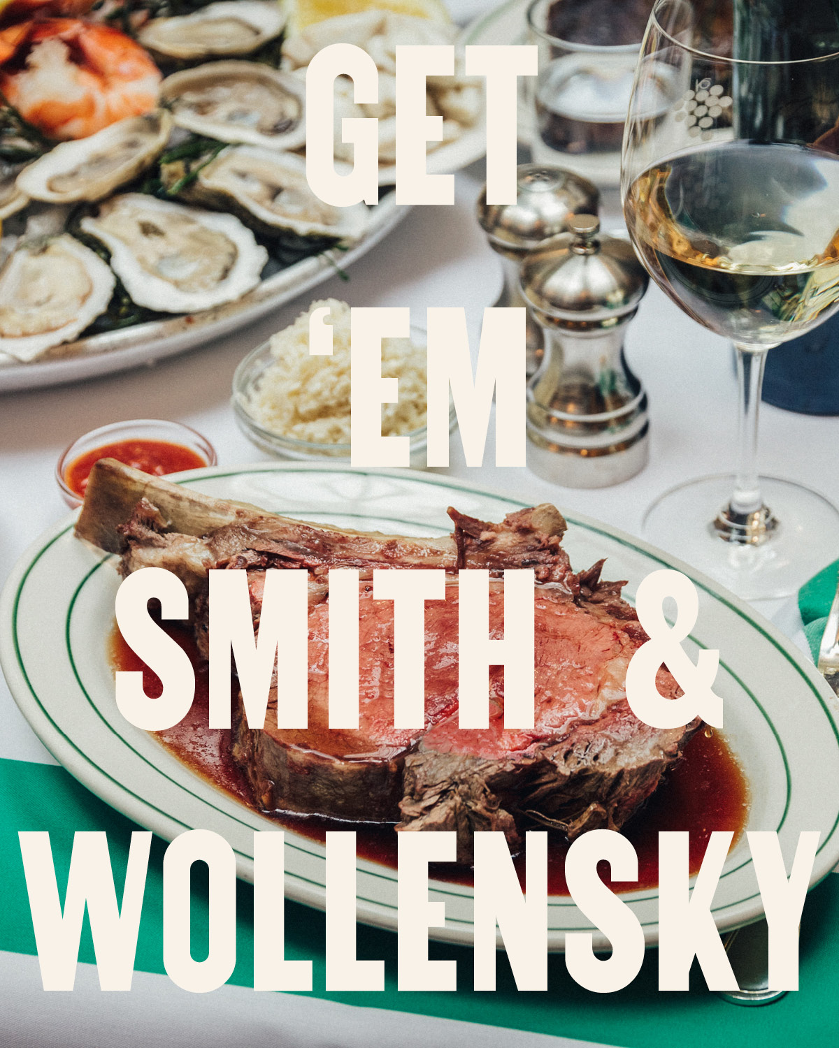 Image of a steak with a glass of wine and oysters in the background